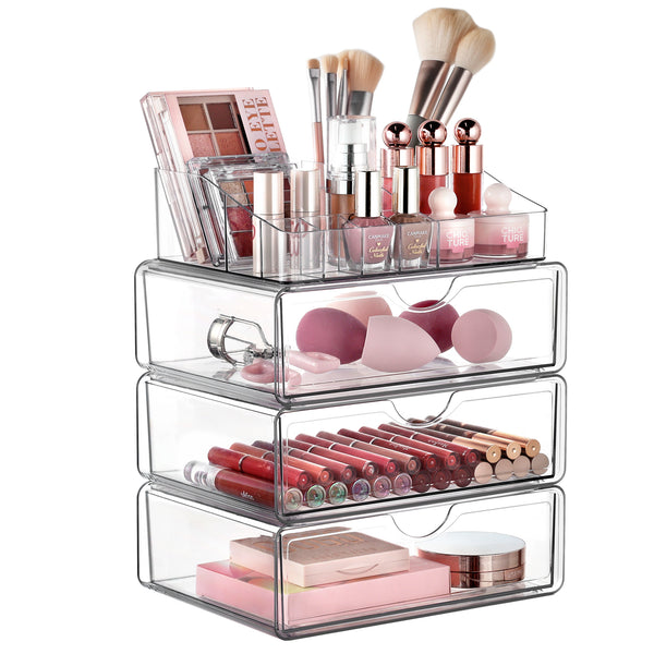 Vtopmart 4 Tier Clear Makeup Organizer with Drawer, Plastic Cosmetic Storage, Beauty Holder