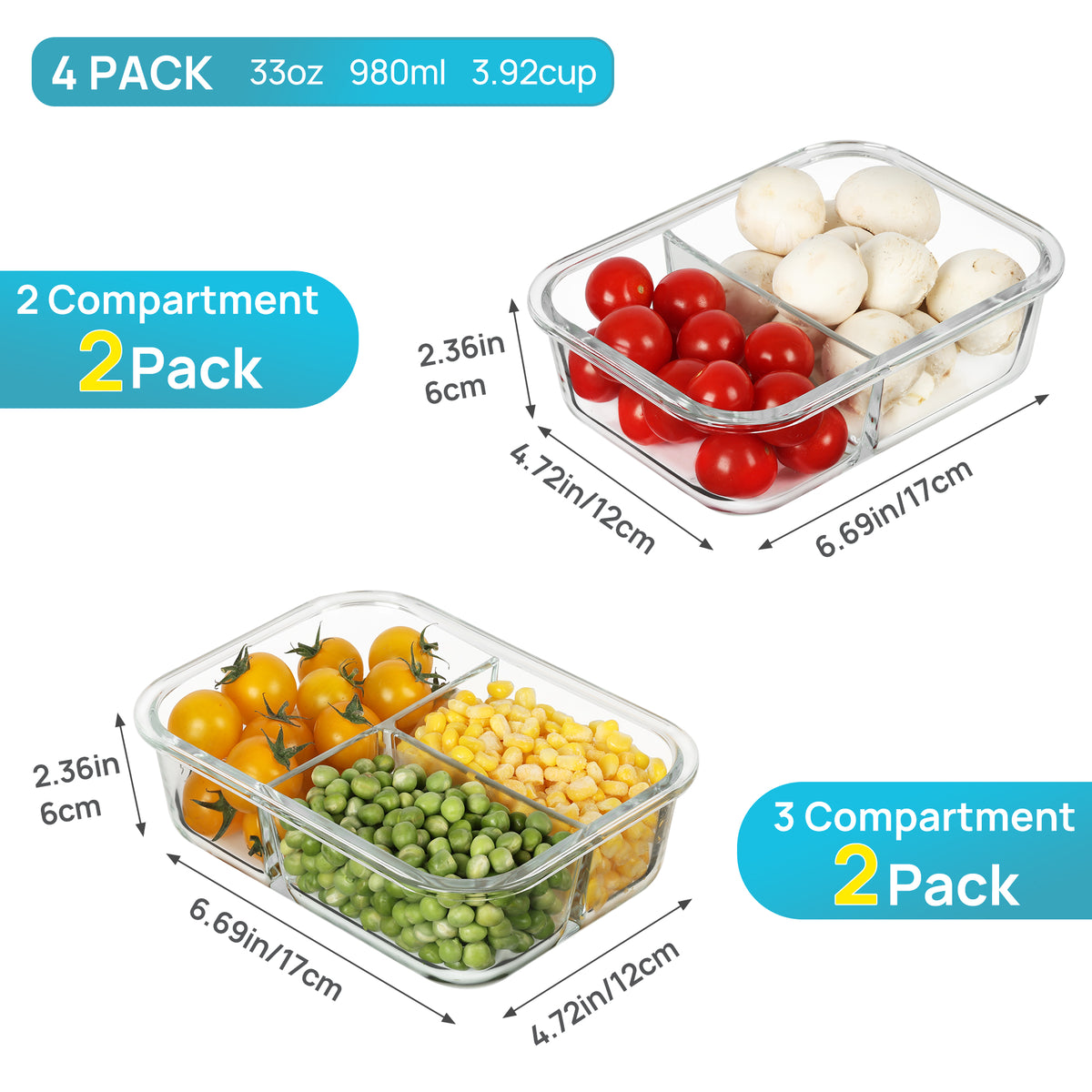 Vtopmart 4 Pack 33oz Glass Food Storage Containers with Lids, Meal Pre