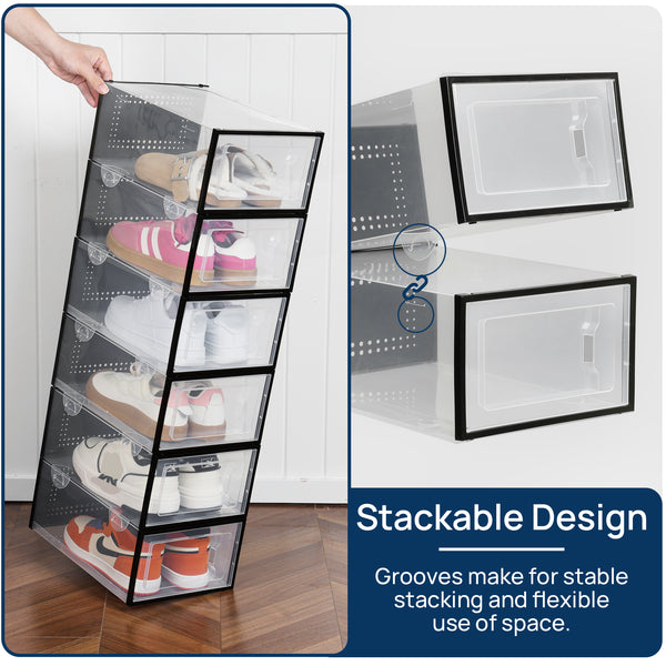 Vopmart Shoe Boxes, 12 pcs Shoe Storage Organizer, Clear Plastic Stackable Sneaker Container, Black
