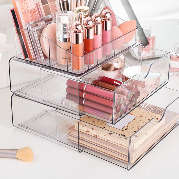 Vtopmart 4 Tier Clear Makeup Organizer with Drawer, Plastic Cosmetic Storage, Beauty Holder