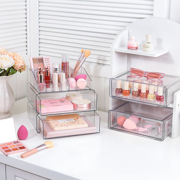 Vtopmart 4 Tier Clear Makeup Organizer with Drawer, Plastic Cosmetic Storage, Beauty Holder