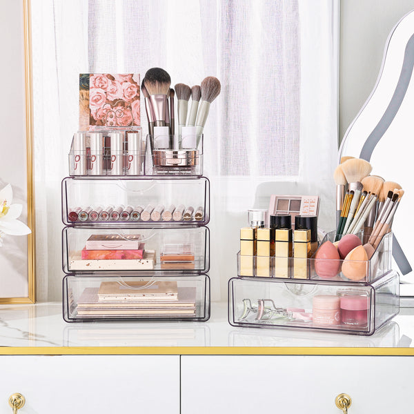Vtopmart 4 Tier Clear Makeup Organizer with Drawer, Plastic Cosmetic Storage, Beauty Holder