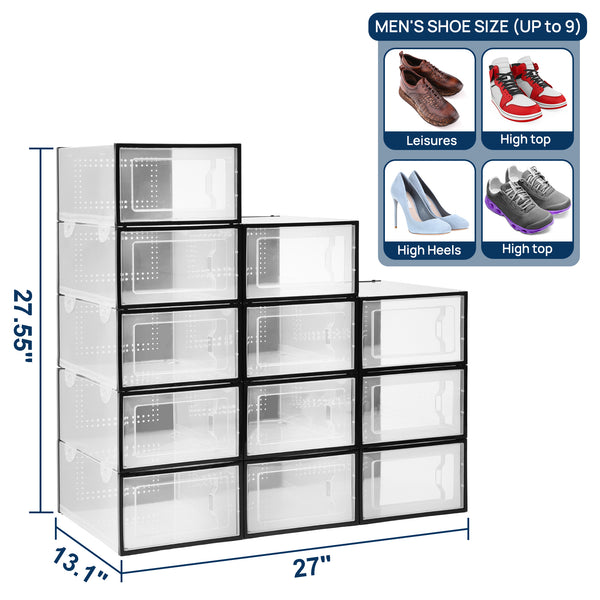 Vopmart Shoe Boxes, 12 pcs Shoe Storage Organizer, Clear Plastic Stackable Sneaker Container, Black