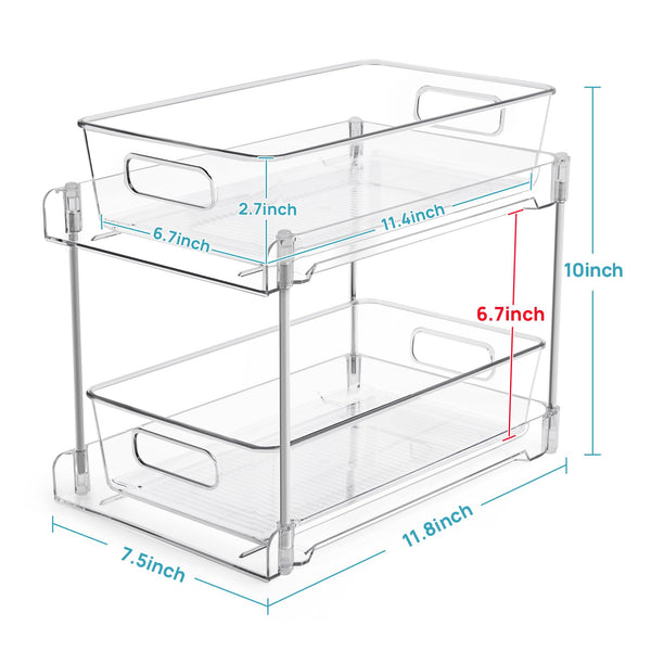 Vtopmart 2 Tier Bathroom Storage Organizer, 2 Pack Clear Under Sink Organizers Vanity Counter Storage Container, Medicine Cabinet Drawers Bins, Pull-Out Organization with Track for Pantry, Kitchen