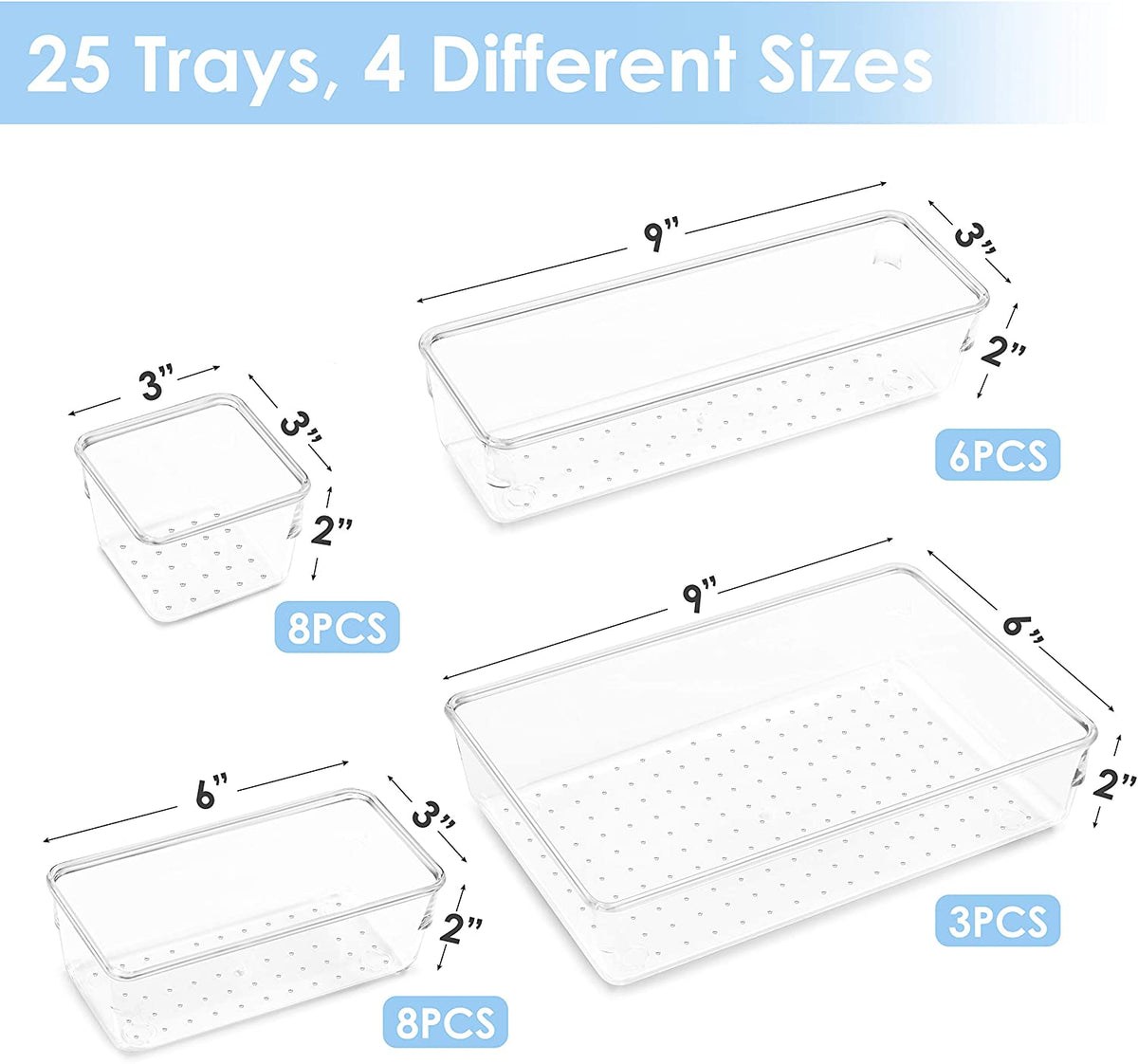 Dropship 25Pcs Clear Plastic Drawer Organizers Set 4 Sizes Desk Drawer  Dividers Trays Storage Bins to Sell Online at a Lower Price