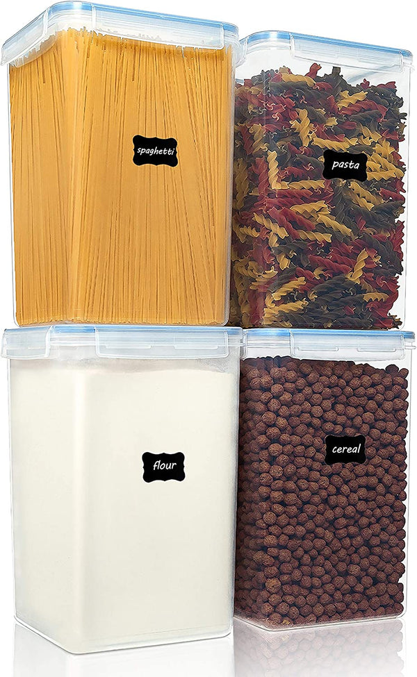 Vtopmart Extra Large Tall Airtight Food Storage Containers 4 Pieces 5.9qt / 6.5L-Plastic PBA Free Kitchen Pantry Storage Containers for Spaghetti, Flour and Baking Supplies - Include 24 Labels, Blue