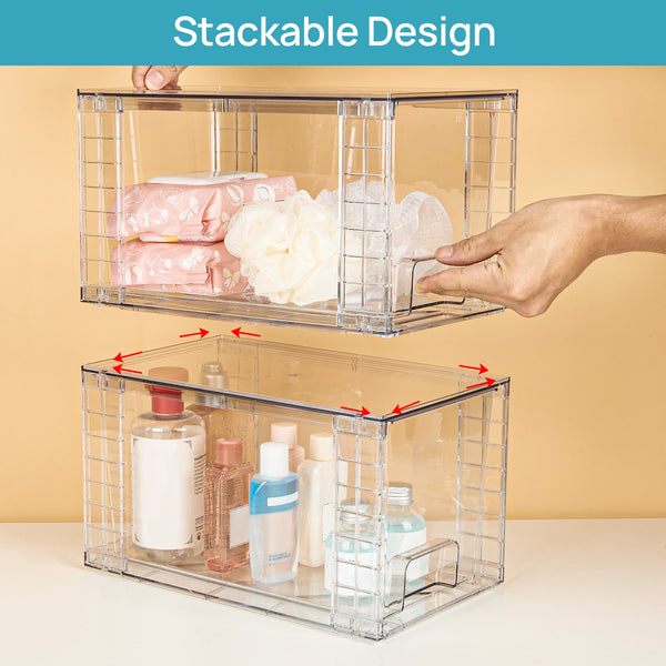 Vtopmart 4 Pack Large Stackable Storage Drawers,Easily Assemble Acrylic Bathroom Closet Undersink Organizers and Storage,Plastic Bins for Kitchen Cabinets,Pantry,Makeup,Medicine Organization