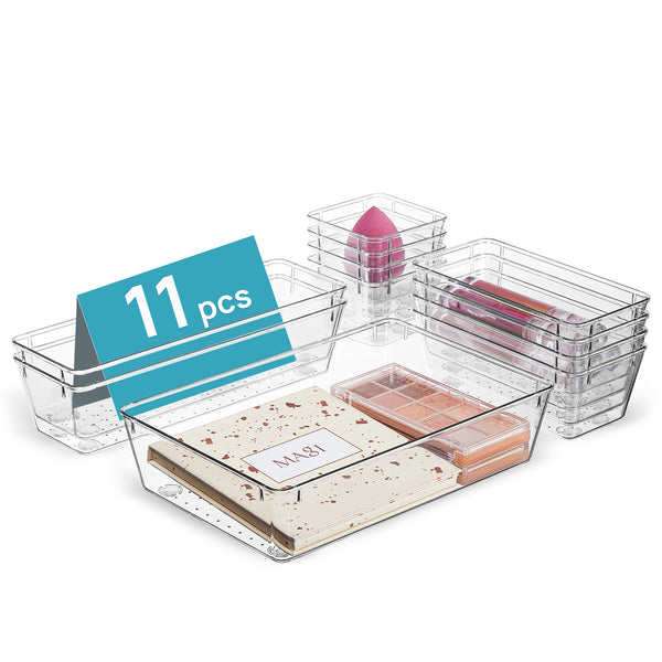 Vtopmart 11 PCS Clear Plastic Drawer Organizers Set, 4-Size Versatile Bathroom and Vanity Trays