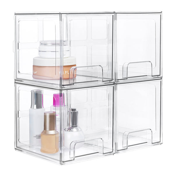 Vtopmart 4 Pack Stackable Makeup Organizer Storage Drawers, 6.6''Tall Acrylic Bathroom Organizers，Clear Plastic Storage Bins For Vanity, Undersink, Kitchen Cabinets, Pantry Organization and Storage