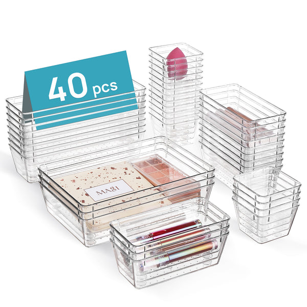 Vtopmart 40 PCS Drawer Organizer, 4-Size Clear Plastic Bins Containers, for Bathroom and Vanity Storage