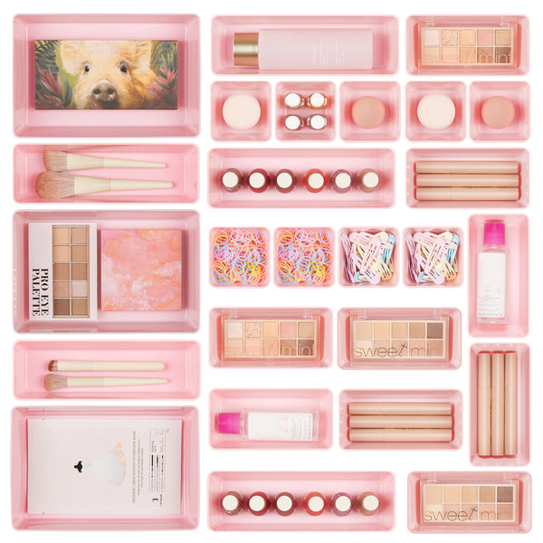 Vtopmart 26 PCS Clear Drawer Organizers，Pink Plastic Stackable Organizer Bins and Vanity Organizer