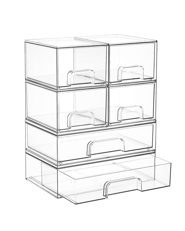 Vtopmart Stackable Storage Drawers Set of 6, Clear Plastic Organizer Bins for Bathroom Supplies, Ideal for Cabinet,Shelf, Pantry, Laundry Room Organization
