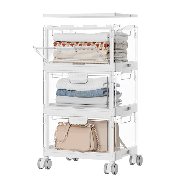 Vtopmart 3-Layer Stackable Storage Bins, 72Qt Foldable Large Storage Containers with Lids, Storage Bins with wheels for Home Office Bedroom, Bathroom, White