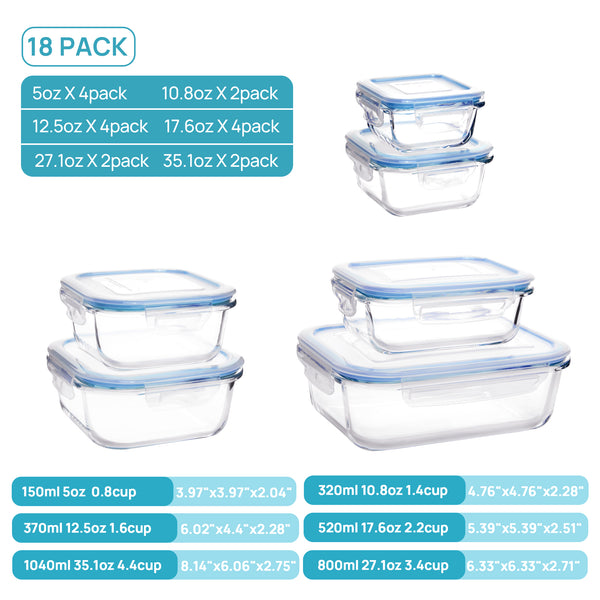 Vtopmart 36pcs Blue Glass Food Storage Containers, Meal Prep Containers, Airtight Bento Boxes(18 Containers & 18 Lids)