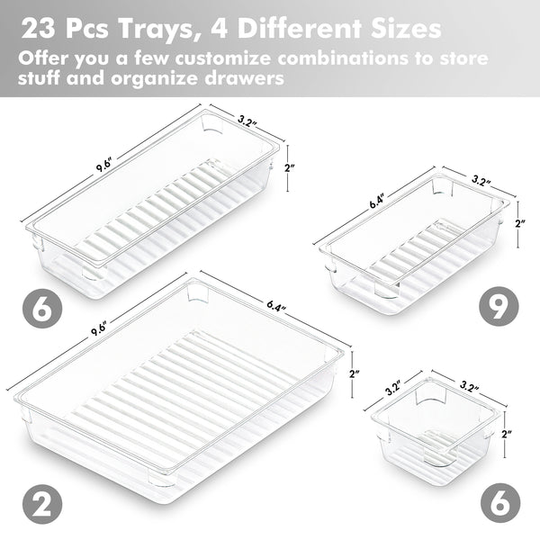CHEFSTORY 23 PCS Clear Drawer Organizers Set, 4 Sizes Plastic Vanity Storage Bins, Desk Drawer Organizer Trays with Non-slip Silicone Pads for Makeup,Bathroom and Kitchen