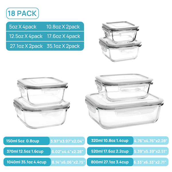 Vtopmart 36pcs Glass Food Storage Containers, Meal Prep Containers, Airtight Bento Boxes(18 Containers & 18 Lids)，Grey