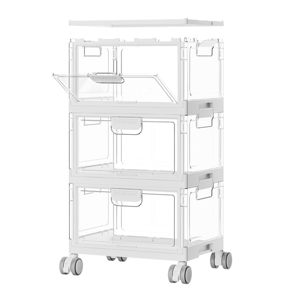 Vtopmart 3-Layer Stackable Storage Bins, 72Qt Foldable Large Storage Containers with Lids, Storage Bins with wheels for Home Office Bedroom, Bathroom, White