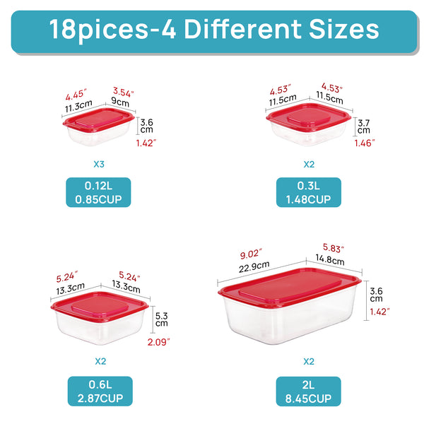 Vtopmart 18 Pieces Meal Prep Containers, 4-Size ，Plastic Containers with Lids for Lunch,Leftover