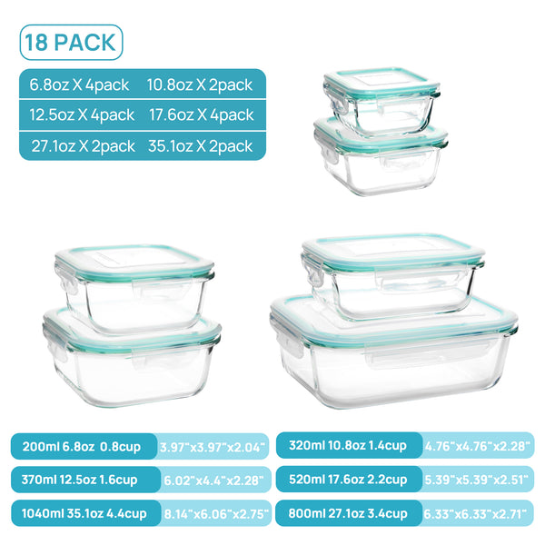 Vtopmart 36Pack Glass Food Storage Containers with Lids, Meal Prep Containers,Airtight Lunch Box,Leak Proof Locking Lids (18 Containers with 18 Lids)