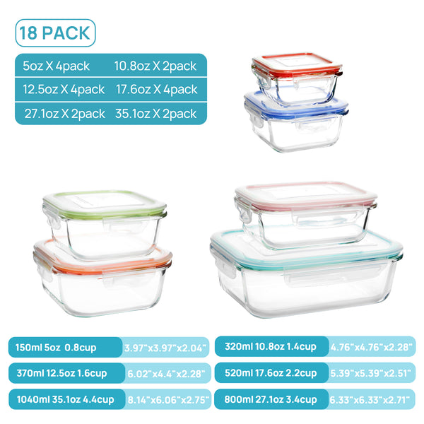 Vtopmart 36Pack Colorful Glass Food Storage Containers with Lids, Meal Prep Containers,Airtight Lunch Box,Leak Proof Locking Lids (18 Containers with 18 Lids)