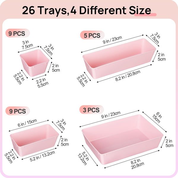 Vtopmart 26 PCS Clear Drawer Organizers，Pink Plastic Stackable Organizer Bins and Vanity Organizer