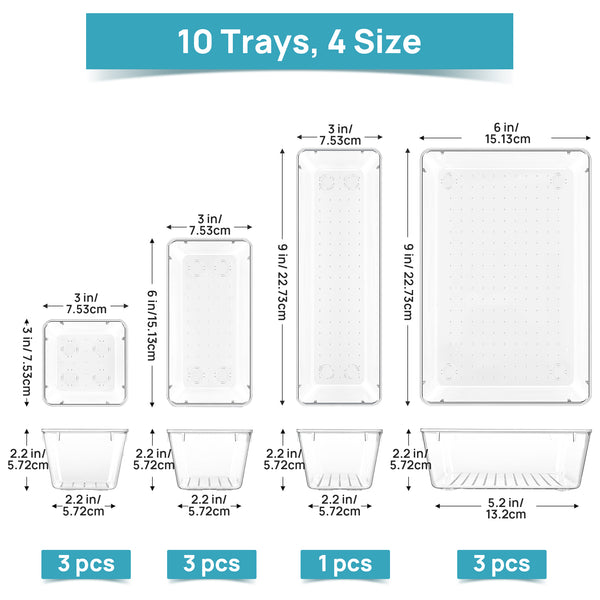 Vtopmart 10 Pack Clear Drawer Organizer Bins, 4 Sizes Makeup Storage Trays