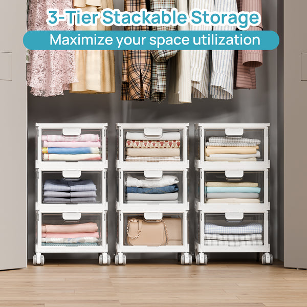 Vtopmart 3-Layer Stackable Storage Bins, 72Qt Foldable Large Storage Containers with Lids, Storage Bins with wheels for Home Office Bedroom, Bathroom, White