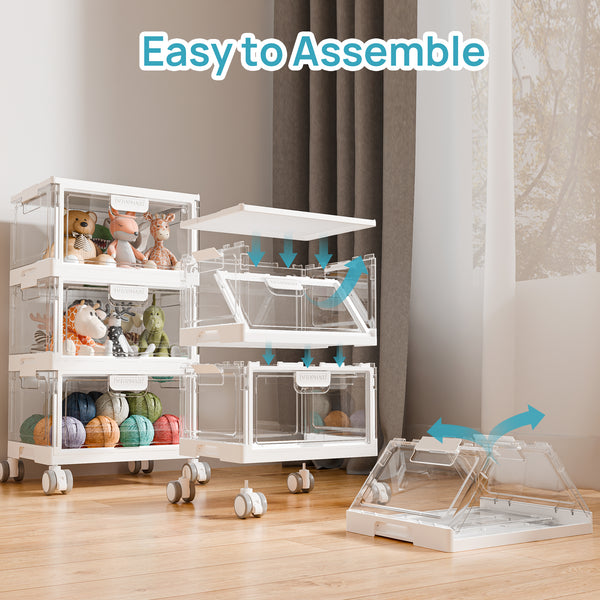 Vtopmart 3-Layer Stackable Storage Bins, 72Qt Foldable Large Storage Containers with Lids, Storage Bins with wheels for Home Office Bedroom, Bathroom, White