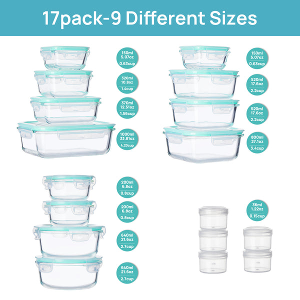 Vtopmart 34pcs Glass Food Storage Containers, Meal Prep Containers, Airtight Bento Boxes(17 Containers & 17 Lids)