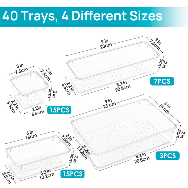 Vtopmart 40 PCS Drawer Organizer, 4-Size Clear Plastic Bins Containers, for Bathroom and Vanity Storage