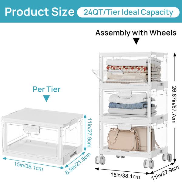 Vtopmart 3-Layer Stackable Storage Bins, 72Qt Foldable Large Storage Containers with Lids, Storage Bins with wheels for Home Office Bedroom, Bathroom, White