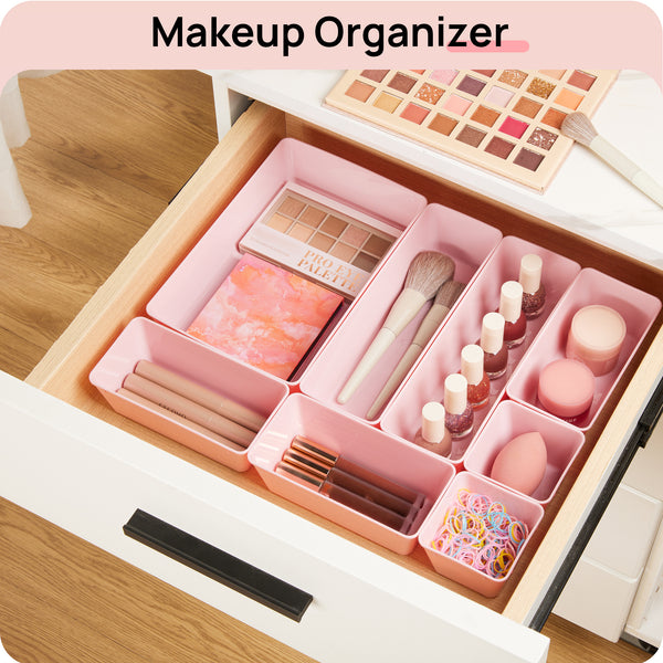 Vtopmart 26 PCS Clear Drawer Organizers，Pink Plastic Stackable Organizer Bins and Vanity Organizer