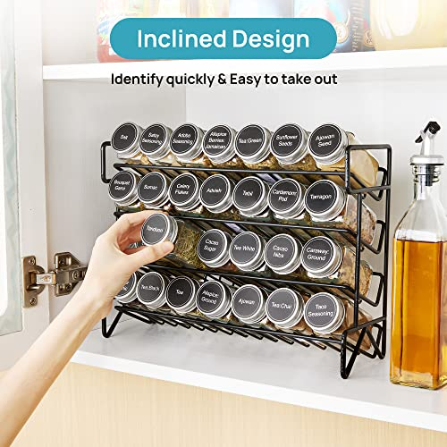 Vtopmart Spice Rack Organizer for Cabinet, 4-Tier Spice Organizer with 28 Empty Spice Jars and 432 Spice Labels, Seasoning Organizer for Countertop, Cabinet, Kitchen, Pantry and Cupboard, Black