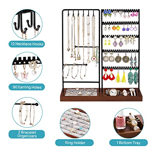 Vtopmart Earring Organizer, 5-Tier Earring and Necklace Holder Organizer Display for Selling, Jewelry Organizer Holder Stand with 90 Holes, Black+ Walnut