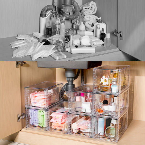 Vtopmart 4 Pack Large Stackable Storage Drawers,Easily Assemble Acrylic Bathroom Closet Undersink Organizers and Storage,Plastic Bins for Kitchen Cabinets,Pantry,Makeup,Medicine Organization
