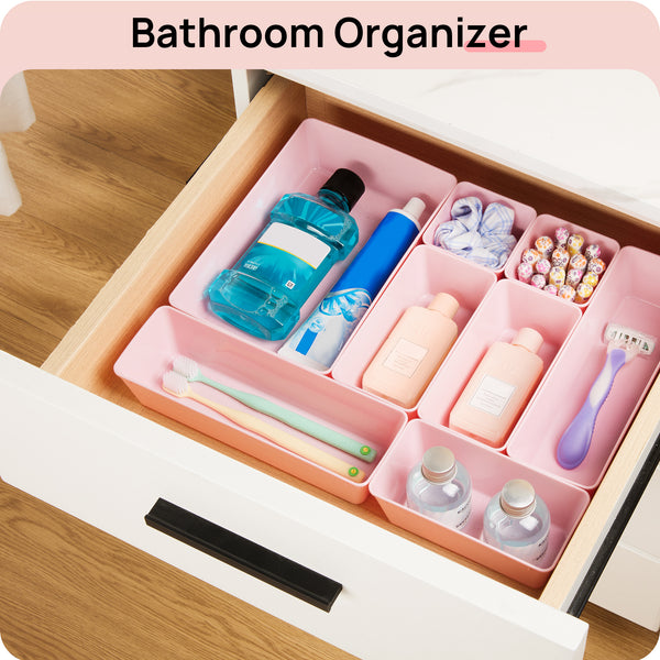 Vtopmart 26 PCS Clear Drawer Organizers，Pink Plastic Stackable Organizer Bins and Vanity Organizer