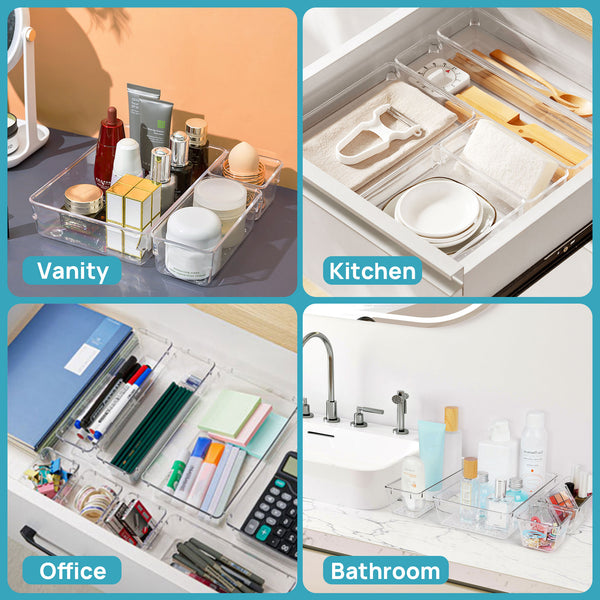 Vtopmart 11 PCS Clear Plastic Drawer Organizers Set, 4-Size Versatile Bathroom and Vanity Trays