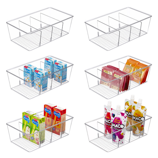 Vtopmart 6 Pack Food Storage Organizer Bins, Clear Plastic Bins, 4 Compartment Holder Packets, Snacks