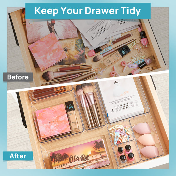 Vtopmart 11 PCS Clear Plastic Drawer Organizers Set, 4-Size Versatile Bathroom and Vanity Trays