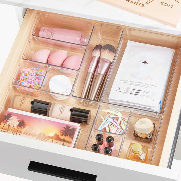 Vtopmart 11 PCS Clear Plastic Drawer Organizers Set, 4-Size Versatile Bathroom and Vanity Trays
