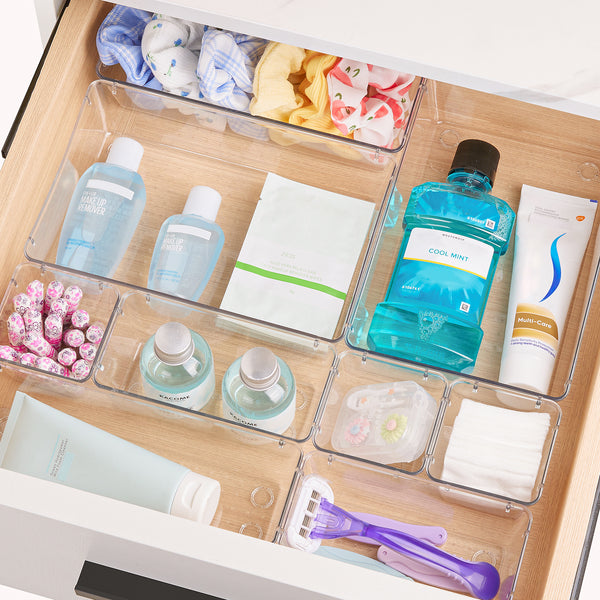 Vtopmart 11 PCS Clear Plastic Drawer Organizers Set, 4-Size Versatile Bathroom and Vanity Trays