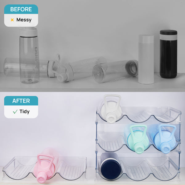 Vtopmart Plastic Water Bottle Organizer, 2 Pack Stackable Bottle Holder Storage Rack for Cabinet, Kitchen Countertop, Pantry Organization, Fridge, Free-Standing Cup Organizer Hold 6 Bottles, Clear