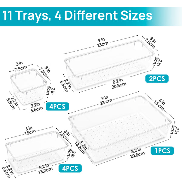 Vtopmart 11 PCS Clear Plastic Drawer Organizers Set, 4-Size Versatile Bathroom and Vanity Trays
