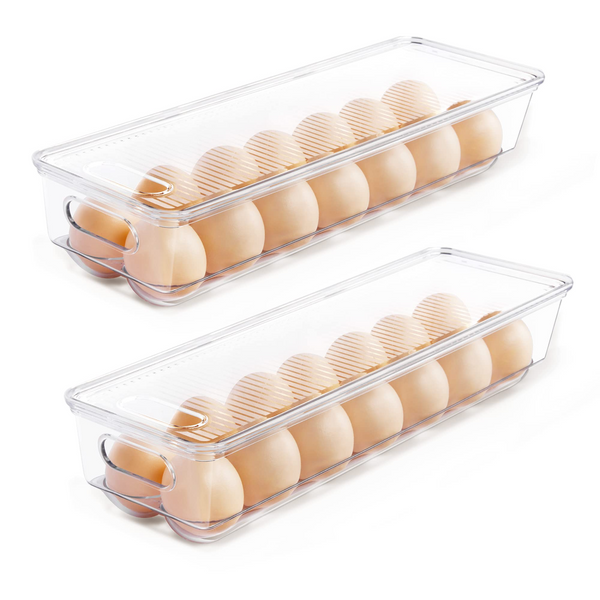 Vtopmart Egg Holder for Refrigerator 2 Pack, Plastic Egg Storage Container for Fridge, Clear Refrigerator Organizer Bins with Lids, Stackable Tray Holds 14 Eggs