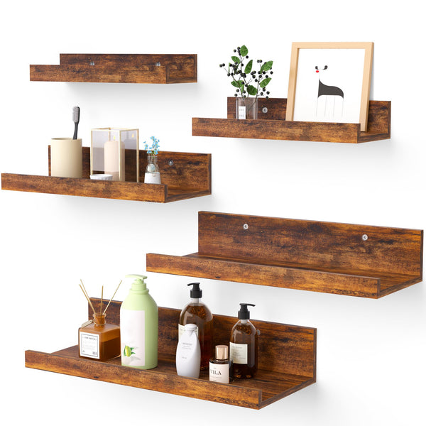 Upsimples Home Floating Shelves for Wall Decor Storage, Wall Shelves Set of 5, Wall Mounted Wood Shelves for Bedroom, Living Room, Bathroom, Kitchen, Small Picture Ledge Shelves, Brown