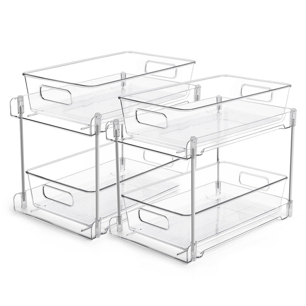 Vtopmart 2 Tier Bathroom Storage Organizer, 2 Pack Clear Under Sink Organizers Vanity Counter Storage Container, Medicine Cabinet Drawers Bins, Pull-Out Organization with Track for Pantry, Kitchen