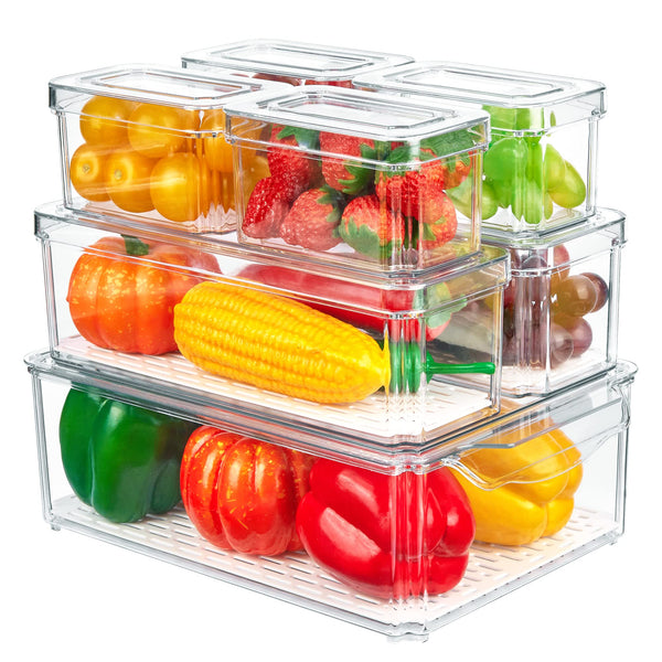 Vtopmart Set of 7 Fridge Organizer, Stackable Fruit Storage Containers for Fridge, Fridge Organizers and Storage Clear with lids, BPA-Free Refrigerator Organizer Bins with Drain Tray for Vegetables, Fruits, Food, Drinks