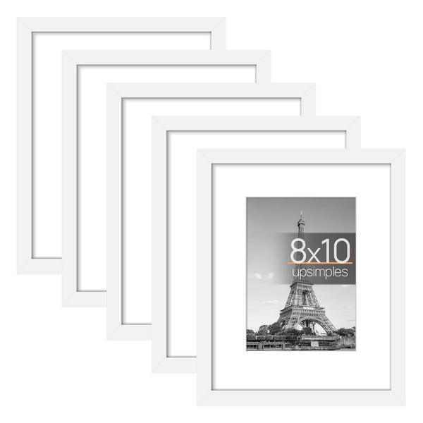 upsimples 8x10 Picture Frame Set of 5, Display Pictures 5x7 with Mat or 8x10 Without Mat, Wall Gallery Photo Frames, White