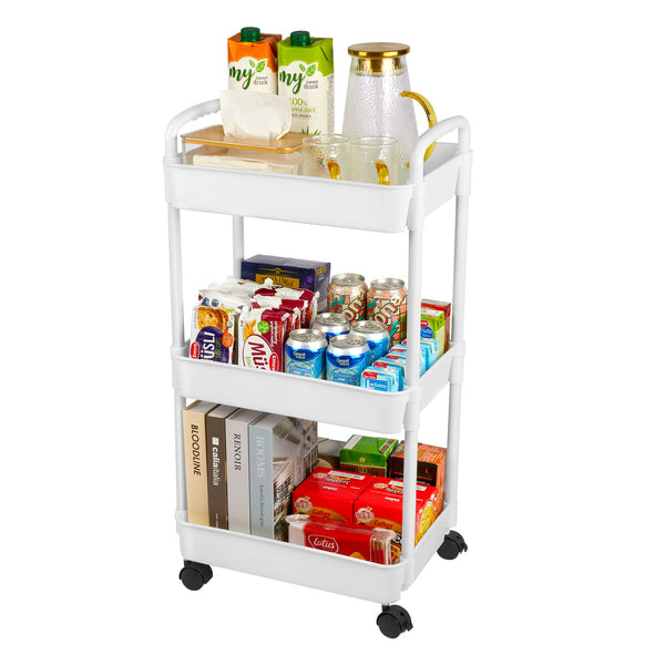 Vtopmart 3 Tier Utility Rolling Cart with Handle and Lockable Wheels, Detachable, Heavy Duty Storage Basket Organizer Shelves, Easy Assemble for Office, Bathroom, Kitchen