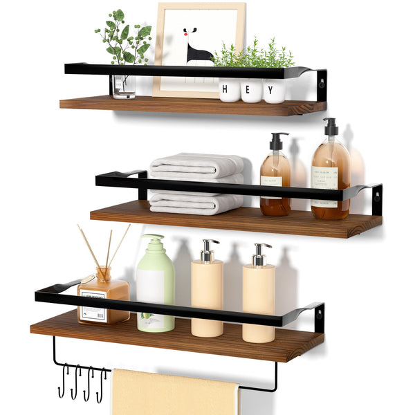 upsimples Bathroom Floating Shelves Wall Mounted Shelving with Removable Towel Bar, Wall Decor and Organizer for Bathroom, Bedroom, Living Room, Kitchen, Dark Brown,Set of 3
